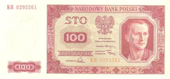 Awers stuzłotowego banknotu z 1948 roku
