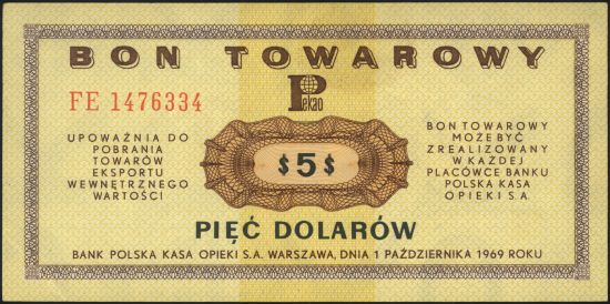 Bon dolarowy Pekao o nominale 5 USD