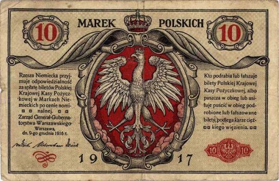 Banknot o nominale 10 marek polskich z 1916 roku