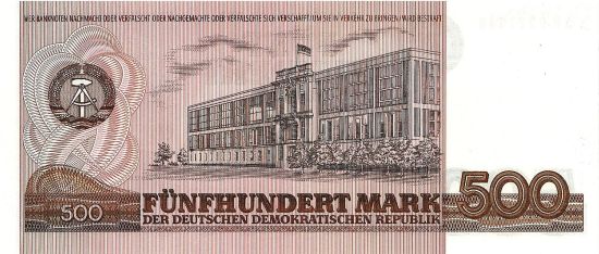 Rewers banknotu 500 marek, który miał wejść do obiegu w połowie lat 80.
